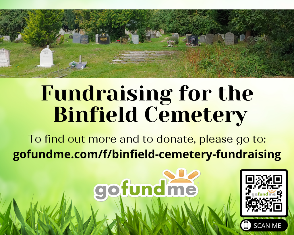 Image of Binfield Cemetery with the Just Giving page QR code to scan